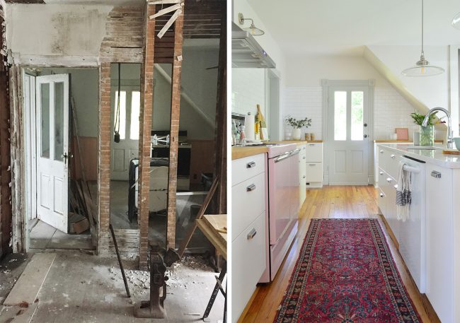 Side-By-Side Before And After Of Kitchen Island During Demo And Finished