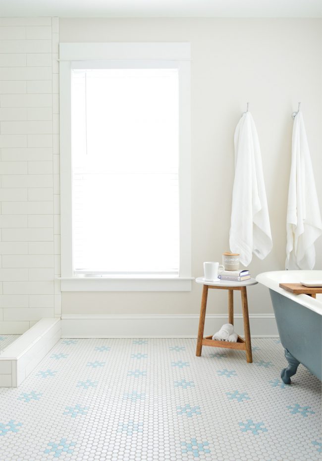 After Photo Of Bathroom Window With Hex Tile Pattern Floor And Restored Clawfoot Tub