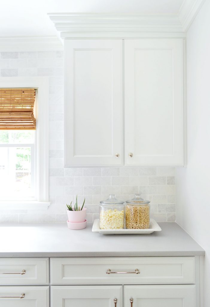 Real aloe plant in small pink plant on kitchen counter against marble backsplash