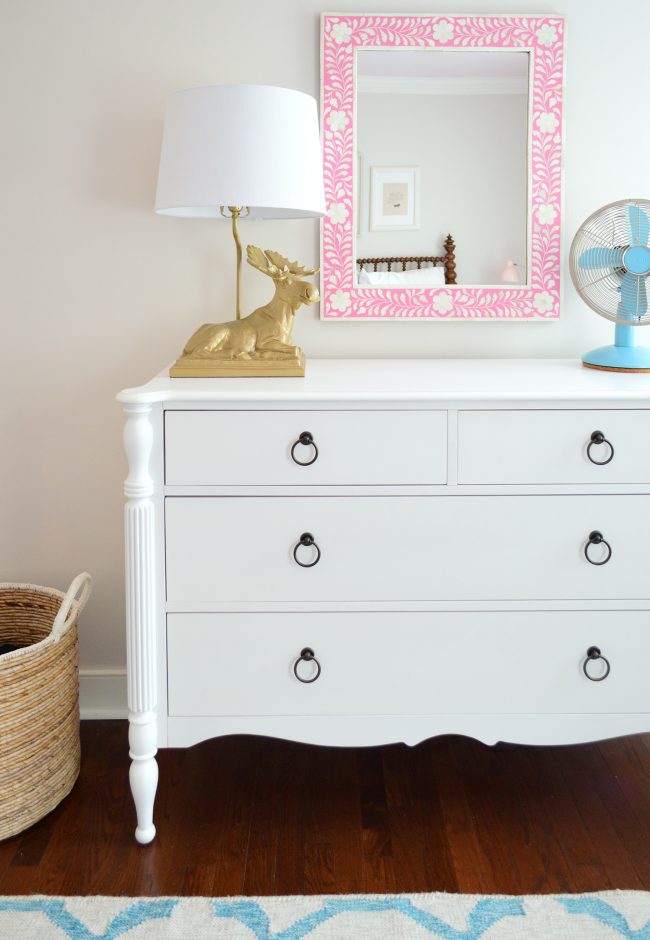 Traditional White Dresser In Girls Room With Gold Moose Lamp