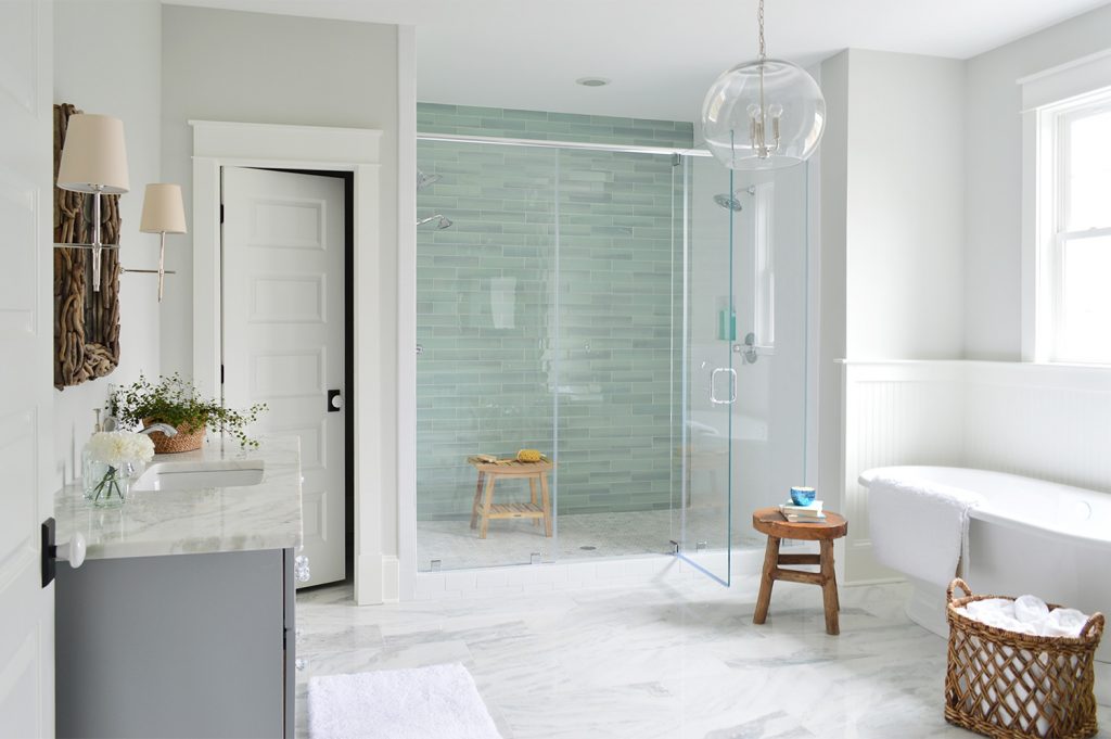 Aqua Glass Accent Shower Tile In Large Master Bathroom