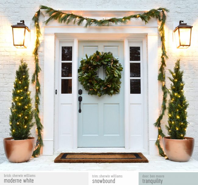 Traditional Front Porch With Christmas Tree Holiday Decor | Gold Pots | Moderne White Brick | Snowbound Trim | Tranquility Door