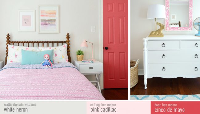 Traditional Girls Bedroom With Paint Colors | White Heron | Cinco De Mayo Colorful Door | Pink Cadillac Ceiling