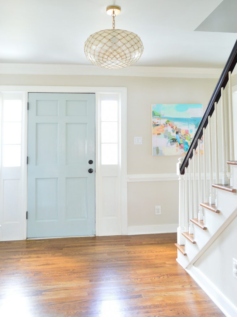 Tranquility Benjamin Moore Glossy Paint On Front Door In Foyer 