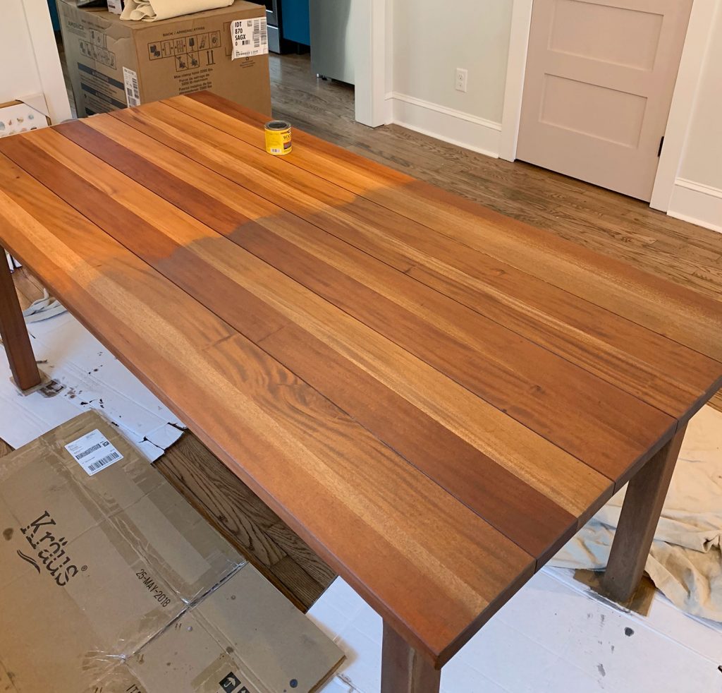 Refinishing Duplex Dining Table Staining CB Table Darker Half Done