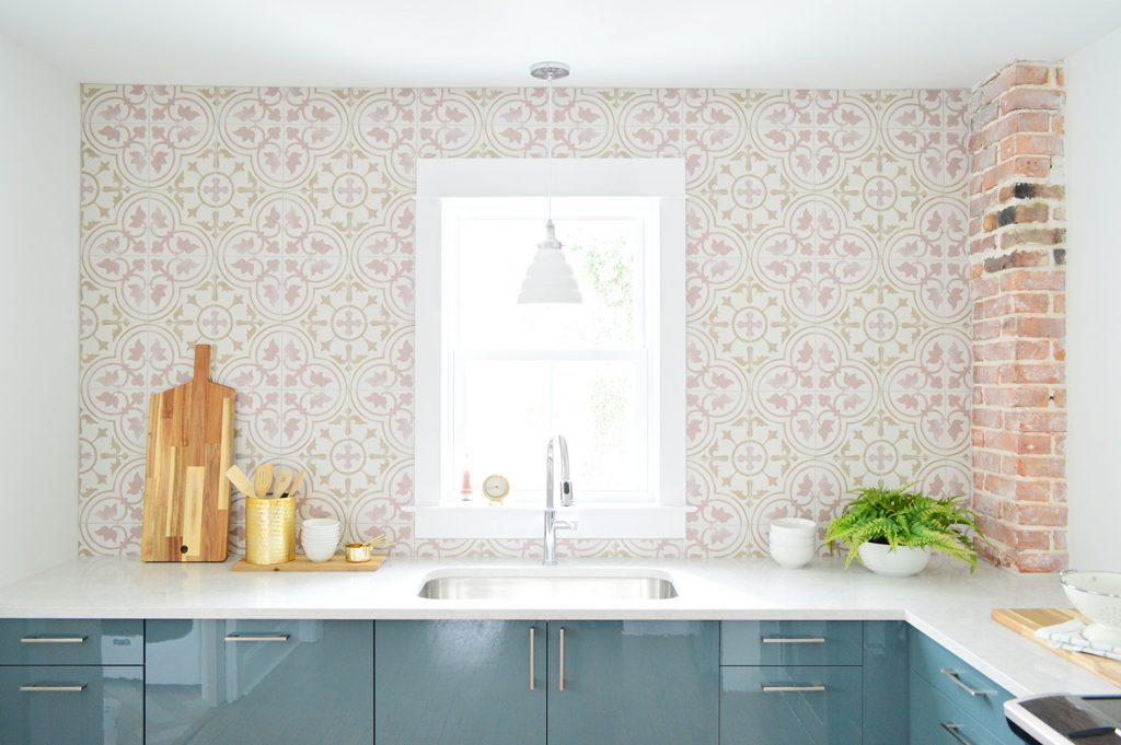 Pink Tile Bar Patterned Tile Installed In Blue Ikea Kitchen With Exposed Chimney