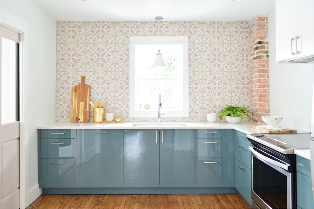 Pink Tile Bar Backsplash Installed In Blue Ikea Kitchen