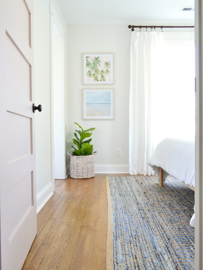 After Photo Of Beachy Bedroom With Pink Bedroom Door Blue Rug And Faux Plants