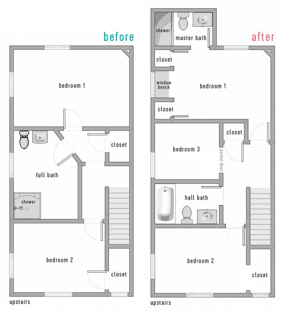 Planta baixa duplex antes e depois do andar de cima rosa