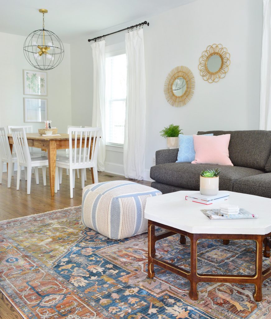 Neutral Traditional Rug With Crate And Barrel Sofa And Pouf With Dining In Background