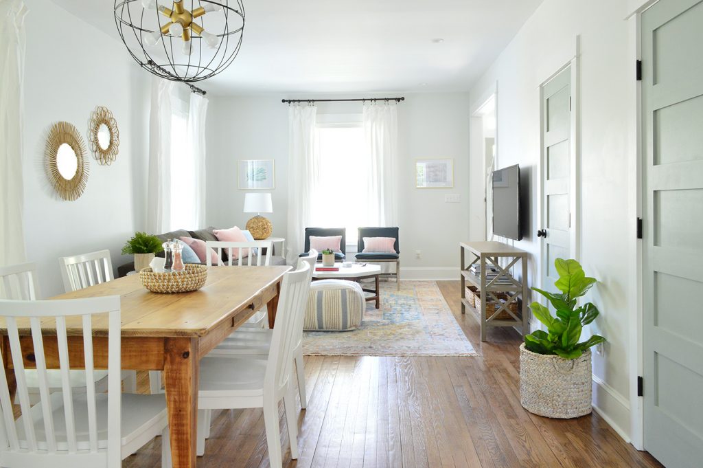 Open Living And Dining Room With SW Oyster Bay Doors And Faux Fig