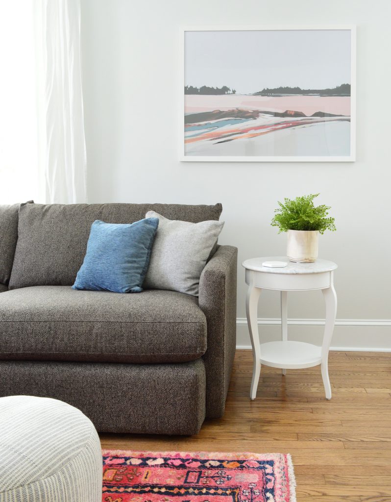 Juniper Print Shop Art In Bright Living Room With Marble Table Crate And Barrel Sofa