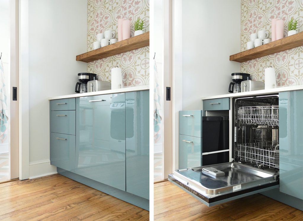 Cabinet Fronted Dishwasher And Trash Can In Ikea Kallarp Kitchen