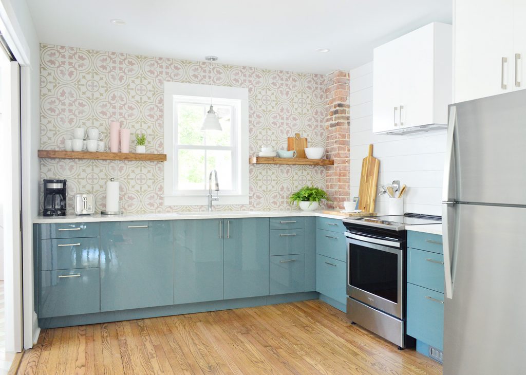 Full Duplex Kitchen With Planked Wall And Pink Tile Backsplash