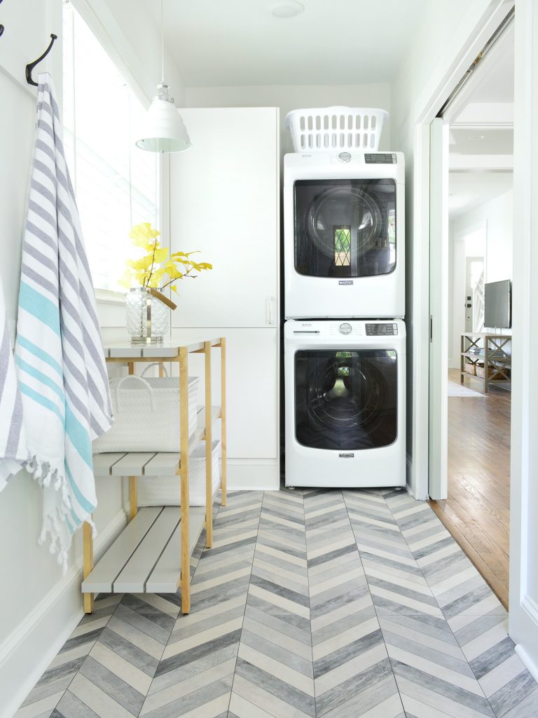 Duplex Laundry Room Chevron Floors Stacked Appliances