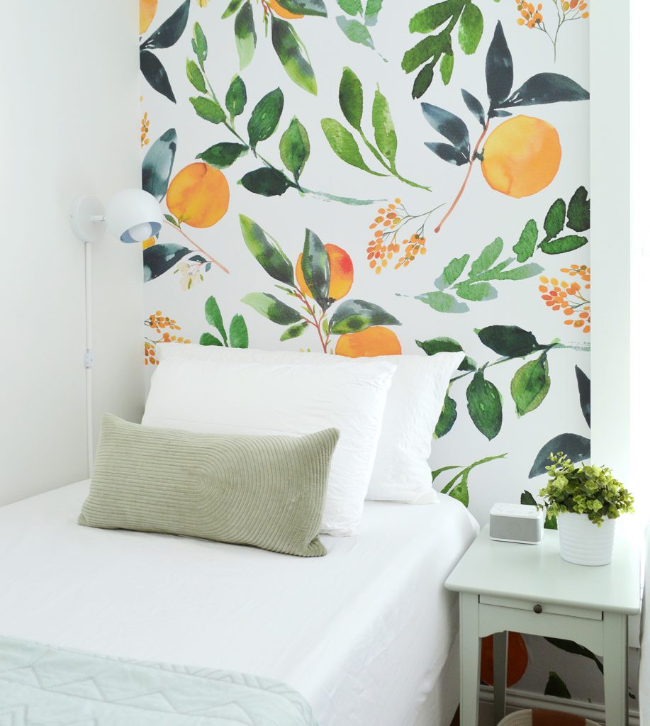 Duplex Sleeping Nook Orange Wall Paper Twin Bed Nightstand Detail