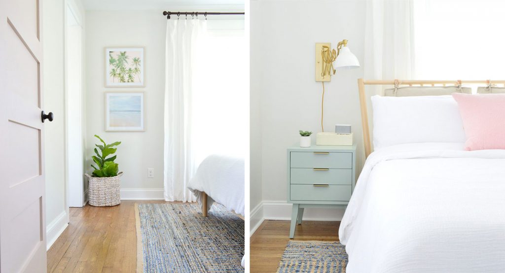 Side-By-Side Of Duplex Front Bedroom With Colorful Nightstand And Wood Headboard