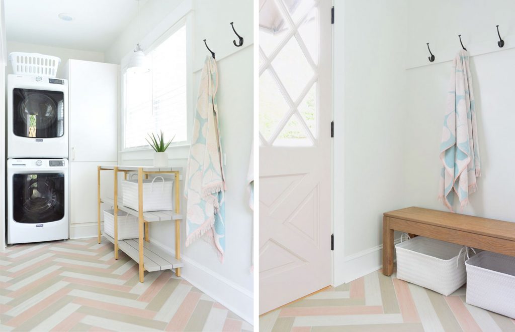 Duplex Mudroom With Herringbone Pink Tile Pattern And Stacked Laundry Storage