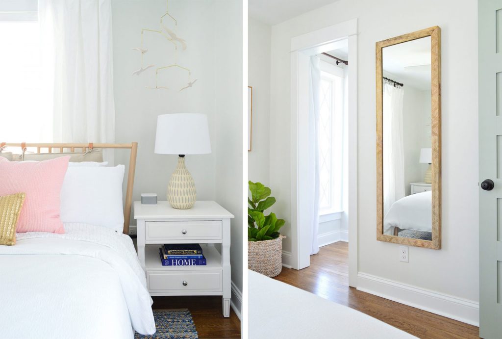 Side-By-Side Of Front Bedroom With Wood Headboard And Beachy Mirror