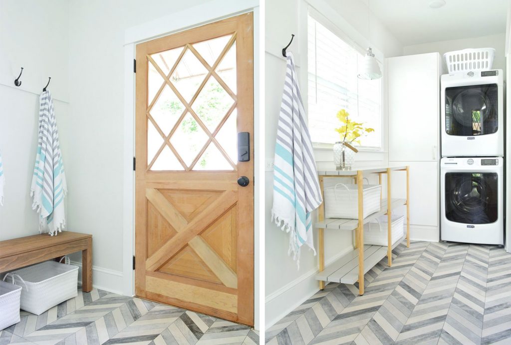 Duplex Mudroom Laundry Area With Gray Chevron Tile Floor