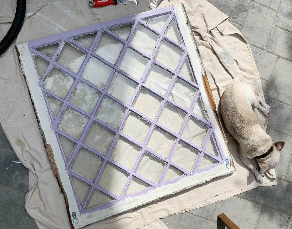 Old Diamond Paned Window With Dog Sleeping Next To It