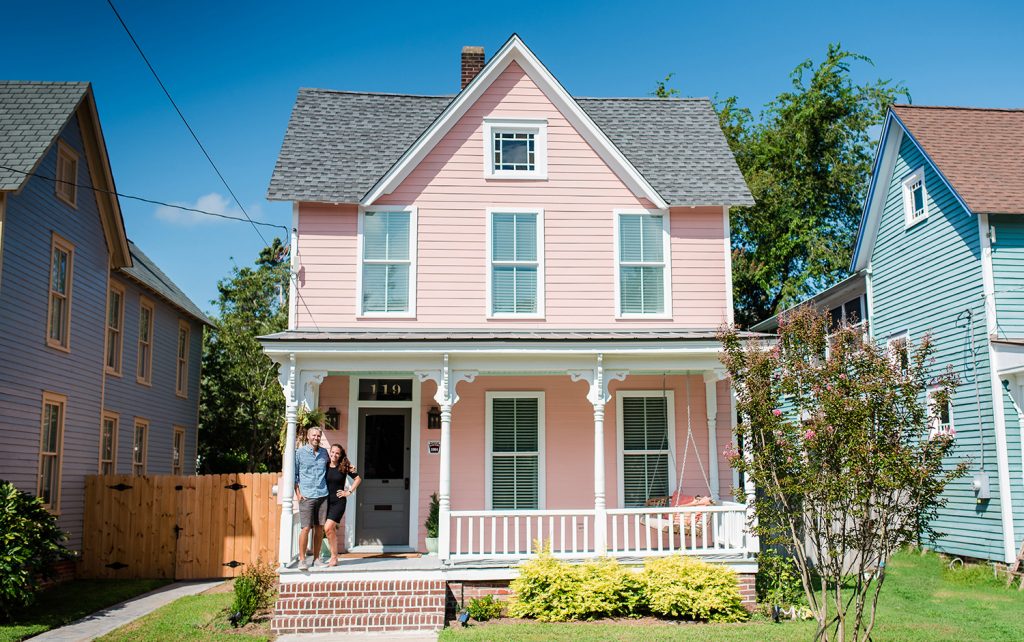 Historic Beach House In Cape Charles Virginia With Pink Mellow Coral Facade And Traditional Front Porch