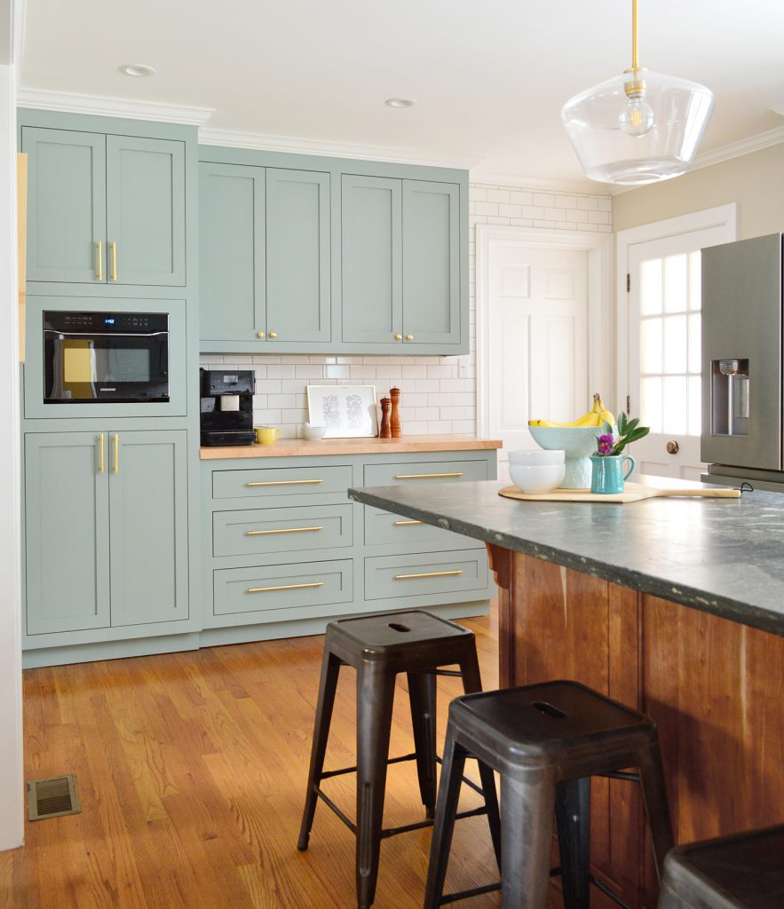 After Photo Of Laundry Area Turned Pantry Cabinets In Halcyon Green Blue Kitchen With Wood Island