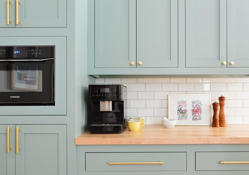 Espresso Machine On Coffee Counter In Halcyon Green Blue Kitchen