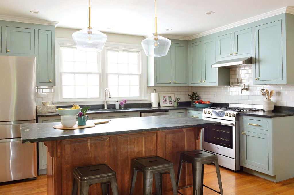 Halcyon Green Blue Kitchen Cabinet Makeover With Gold Hardware