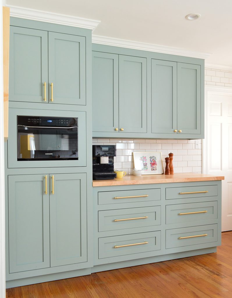 Tall Pantry Cabinets With Coffee Counter In Halcyon Green Blue Kitchen