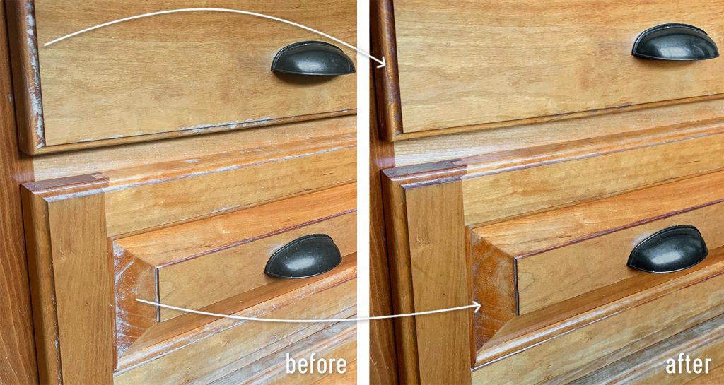 Side By Side Of Wood Cabinet Before And After Stain Pen Refresh