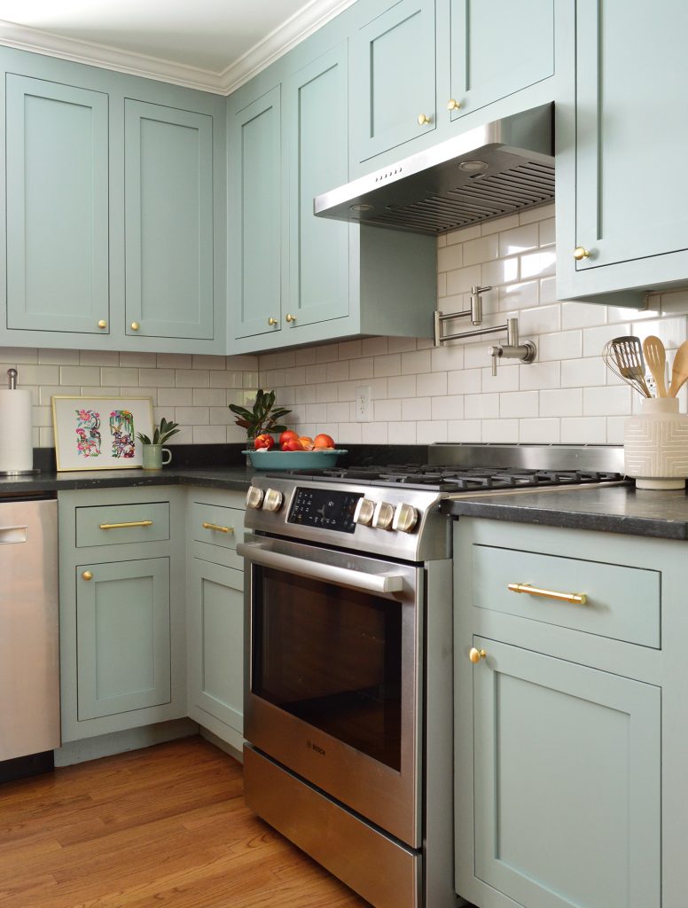 Stainless Steel Gas Range In Halcyon Green Blue Kitchen