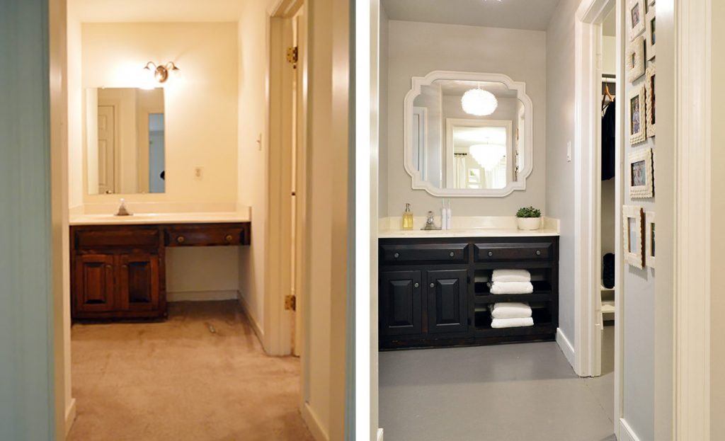 Side-By-Side Of Before And Progress Photo Of Vanity Area