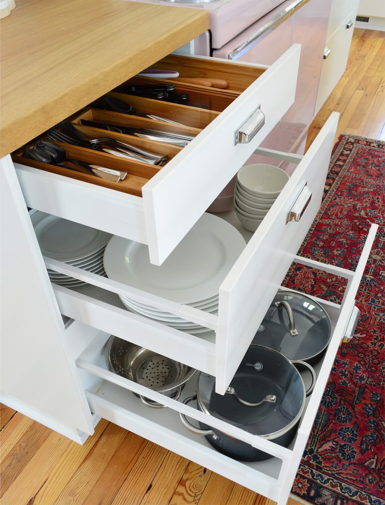 Beach House Kitchen Organization Dishes Drawer All Open