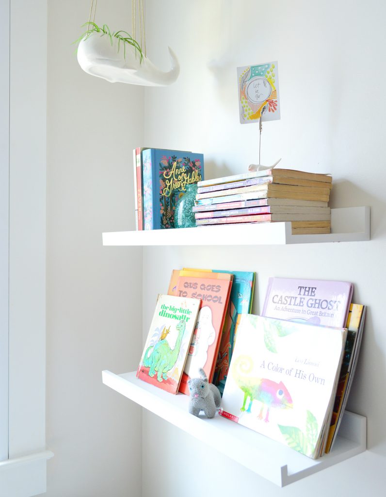 Floating Bookshelves With Hangin Whale Planter In Kids Bunk Room