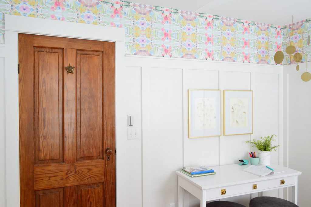 Wood Door In Bedroom With Colorful Peel And Stick Wallpaper Above Board And Batten