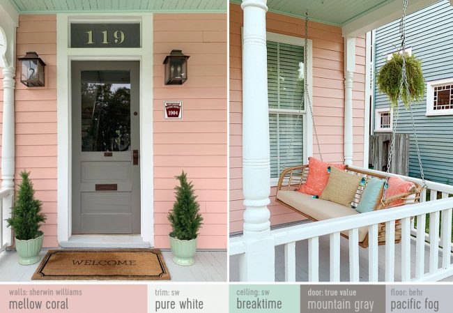 Beach House Front Porch Side-By-Side With Paint Colors | Mellow Coral | Pure White | Breaktime | Mountain Gray | Pacific Fog
