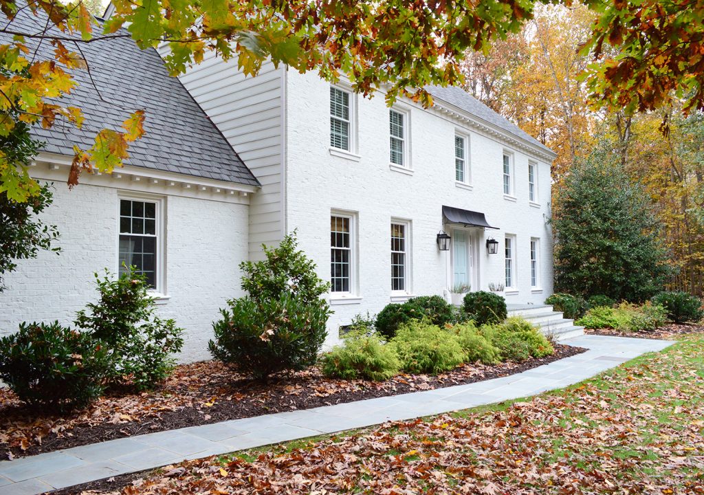 White Brick Exterior Fall Path From Driveway