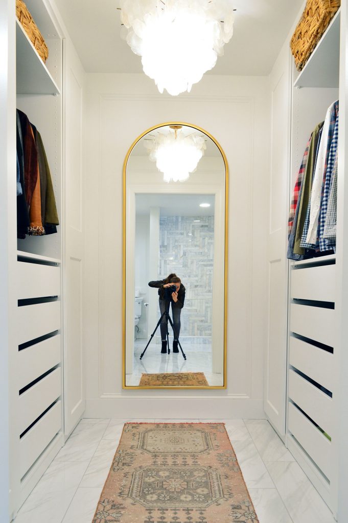 Full Shot Of New Ikea Pax Closet With Sherry And Tripod In Gold West Elm Arch Mirror