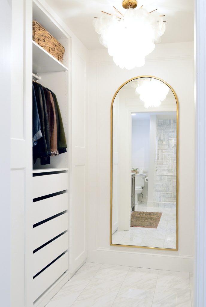 Ikea Pax Closet With Arched Brass Mirror In Master Closet