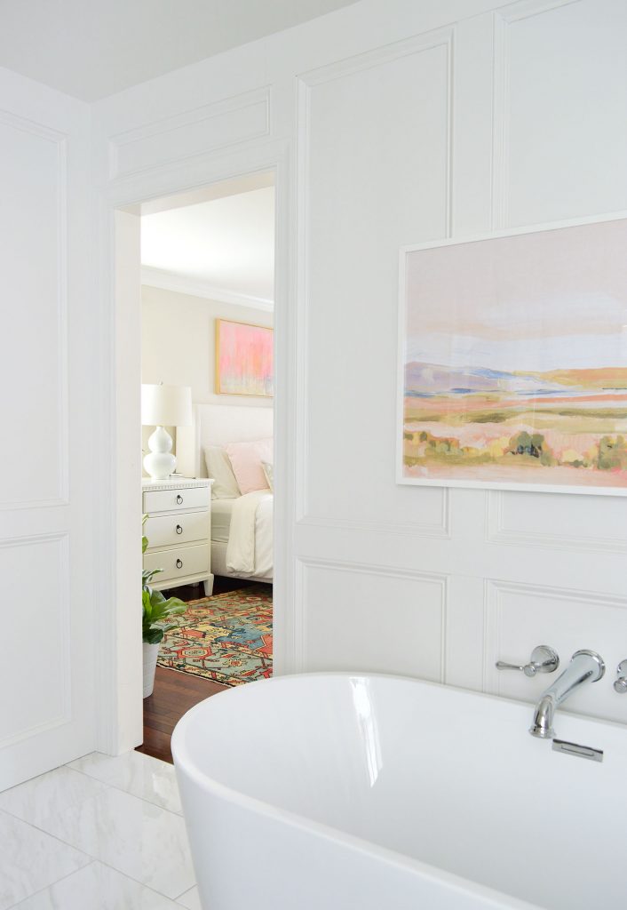 View From Modern Traditional Marble Bathroom Into Bedroom Before Door Was Installed