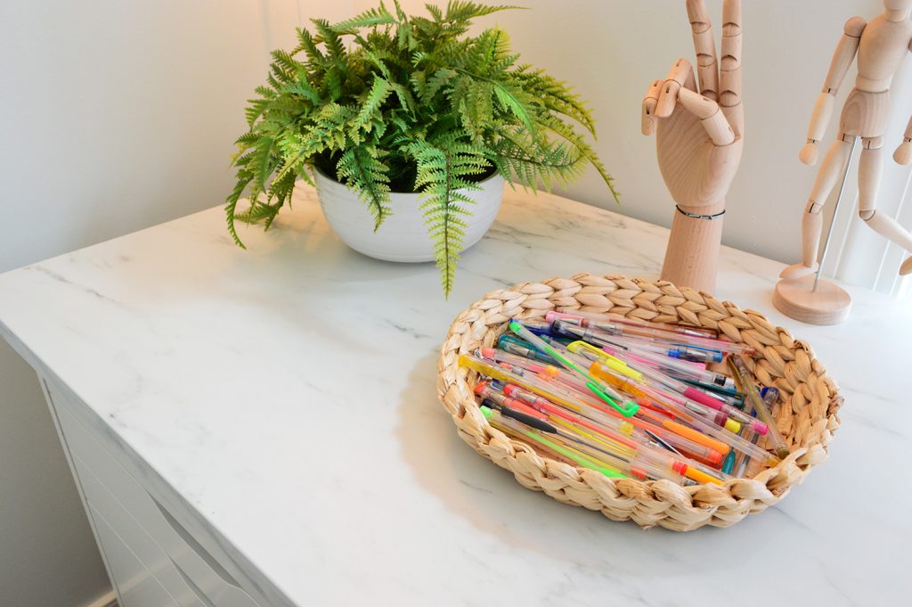 Kids Art Desk With Ikea Ekbacken Faux Marble Laminate Countertop With Basket Of Colorful Gel Pens