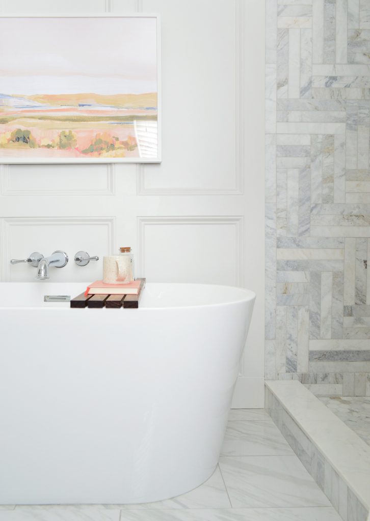 Freestanding Tub Next to Marble Shower In Modern Traditional Bathroom Remodel