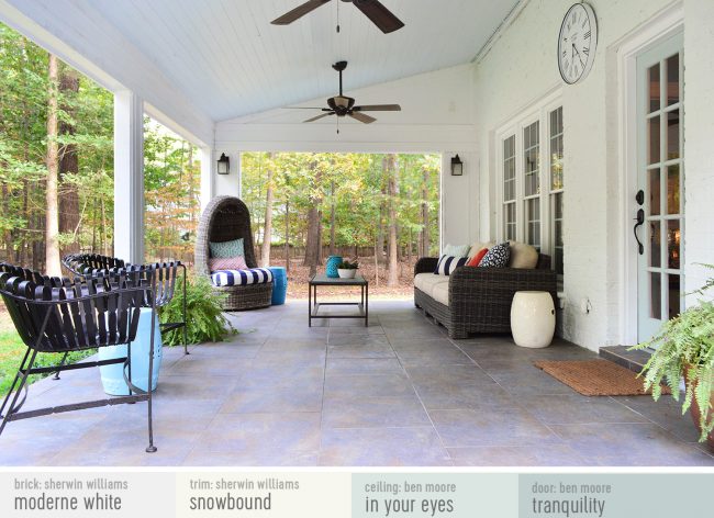 Open Back Covered Porch With Vaulted Ceiling And Blue Painted Ceiling