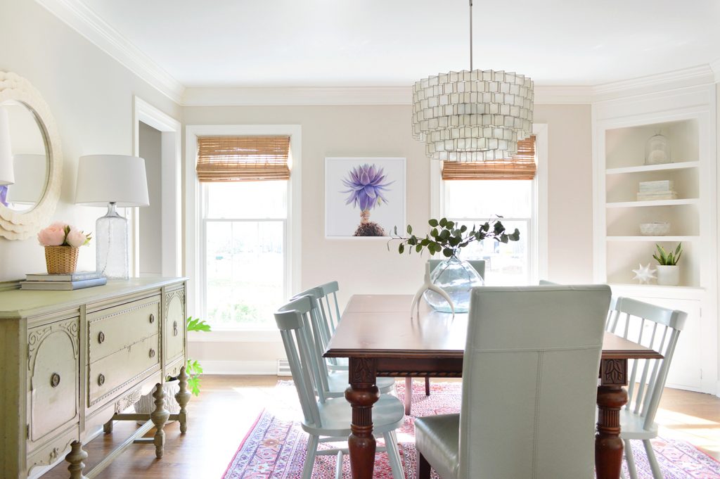 Bright Dining Room With Capiz Chandelier And Traditional Furniture