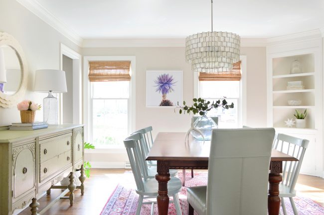 After Photo Of Dining Room With Modern Capiz Chandelier And White Built In Shelves