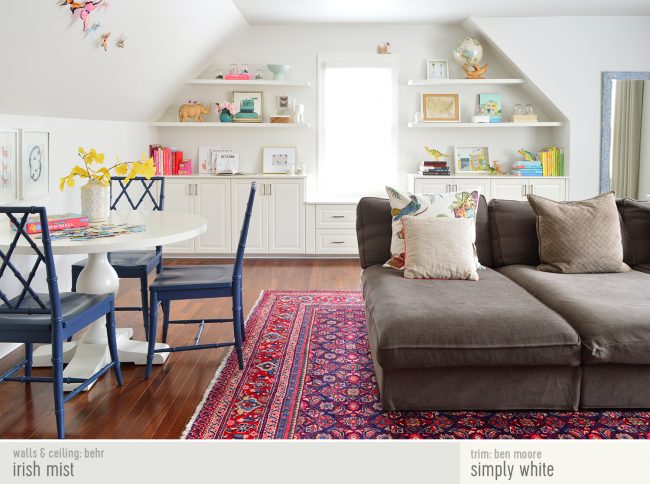 Traditional Kids Playroom With Irish Mist Walls And Simply White Trim And Oversized Sectional