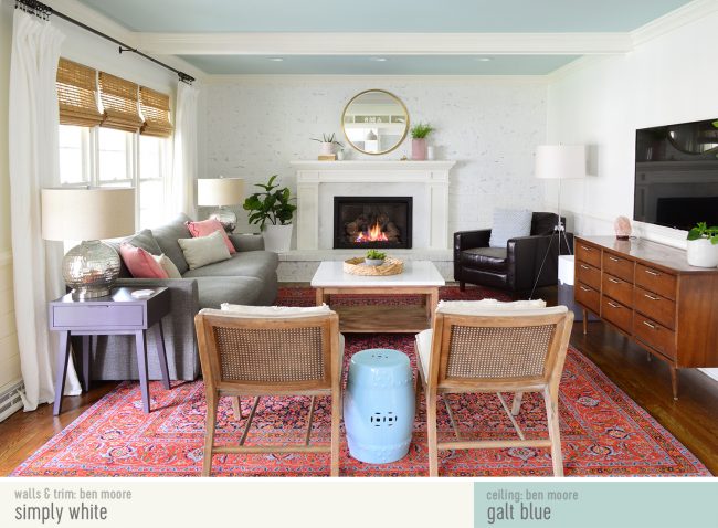 After Of Bright Traditional Family Room With TV | Simply White | Galt Blue Ceiling