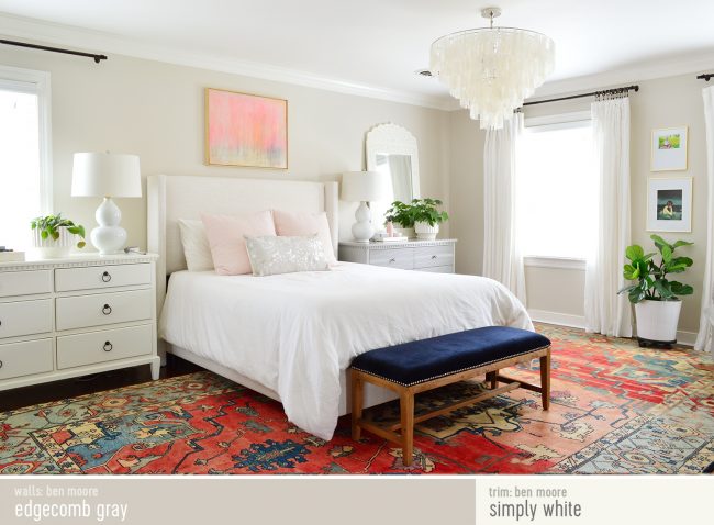 Modern Traditional Bedroom With Colorful Rug | Edgecomb Gray Walls | Simply White Trim