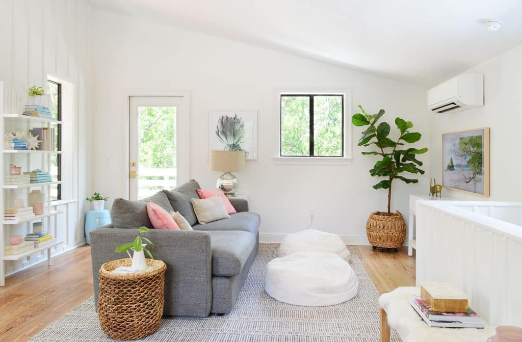 Beach Living Room With Gray Sofa And Faux Fig Tree